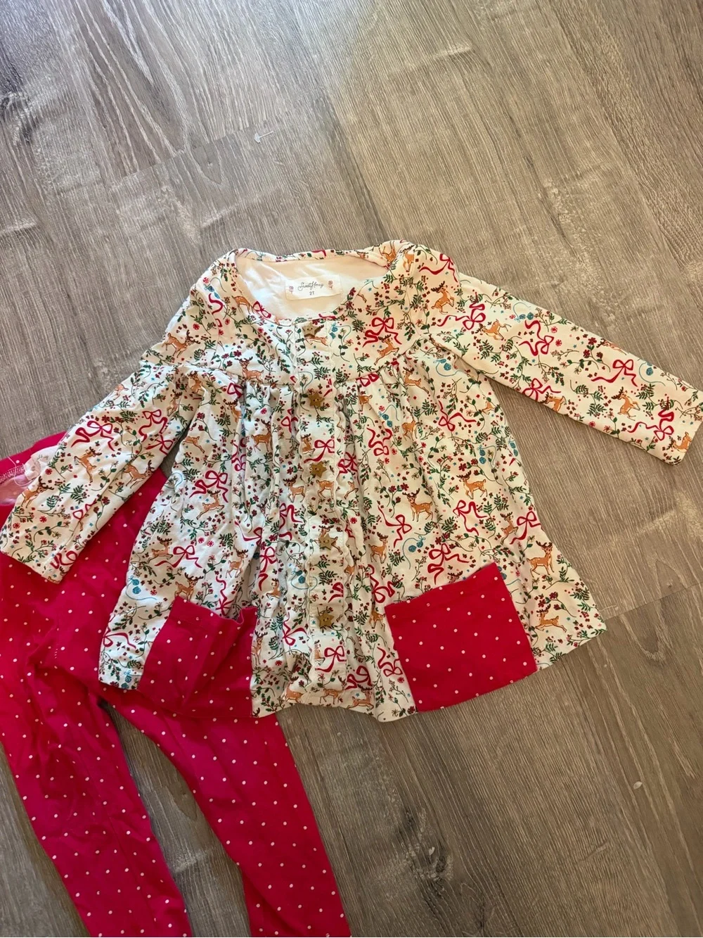 Sweethoney Red Polka Dot Leggings with Cream reindeer Tunic